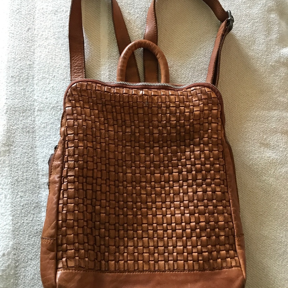Real leather woven backpack